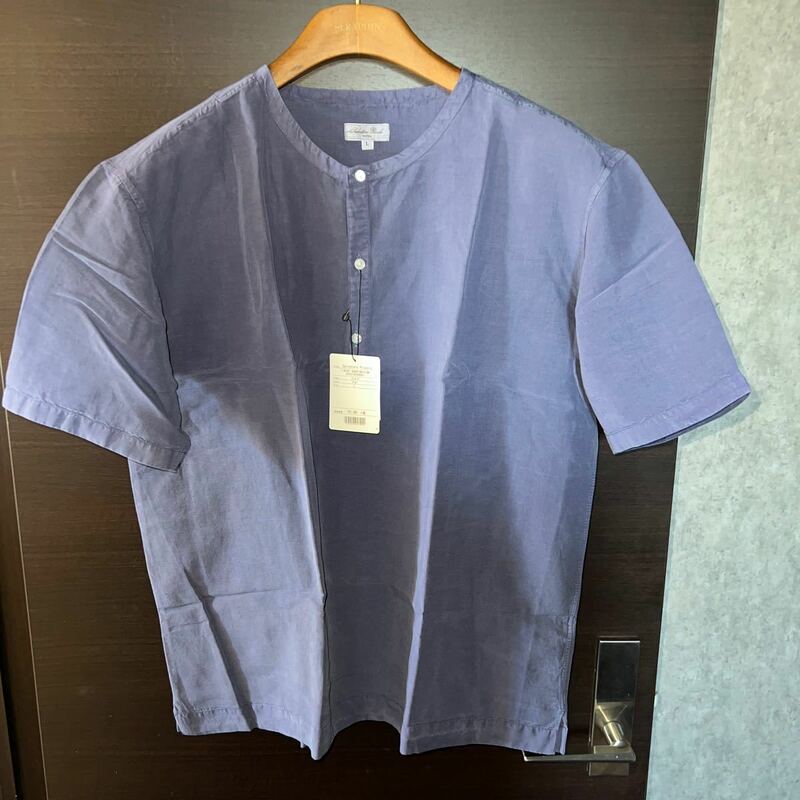 新品貴重高級シャツSalvatore Piccolo バンドカラーシャツ サイズL 定価23000円　ストラスブルゴ　ブルー　半袖シャツ