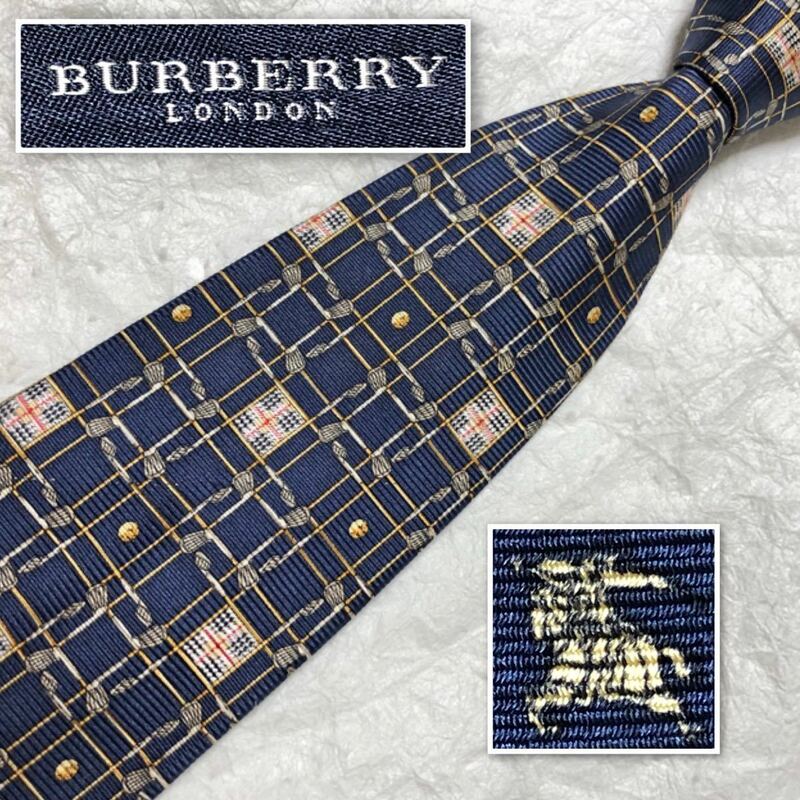 ■希少デザイン■BURBERRY LONDON バーバリーロンドン　ネクタイ　ノバチェック　格子　ゴルフクラブ　ゴルフボール　シルク　イタリア製