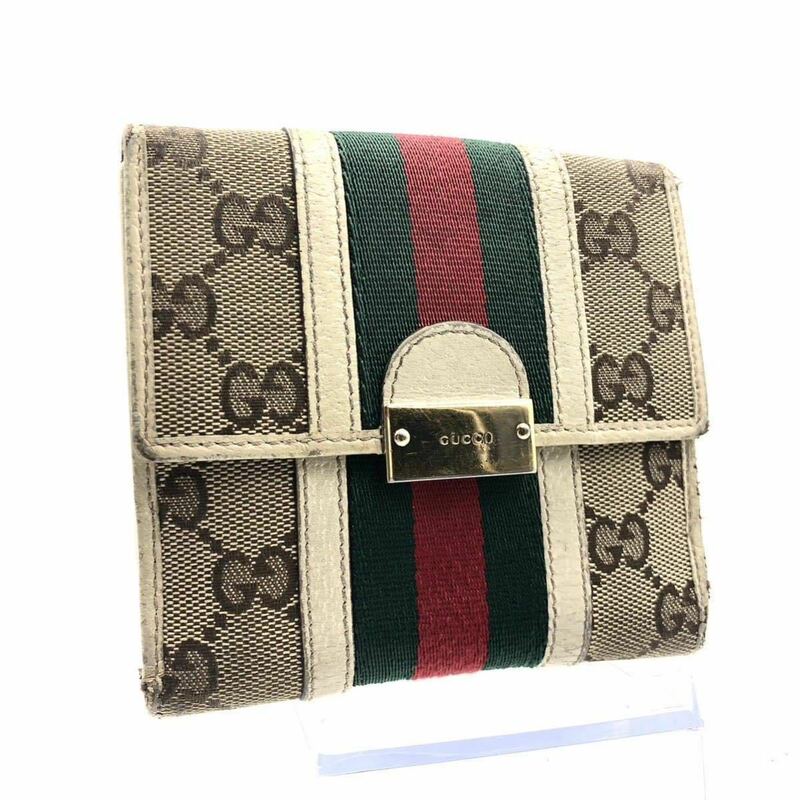 GUCCI グッチ　シェリーライン　GGキャンバス×レザー　折り財布　ロゴプレート　ベージュ　イタリア製　刻印あり