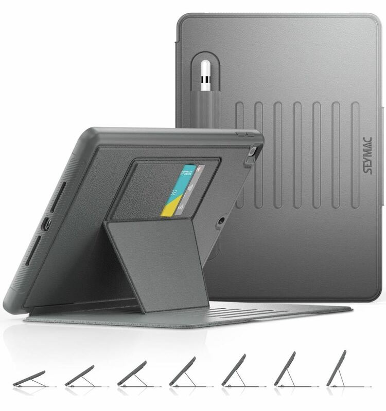 ケース iPad 9/8/7世代BB982(2021/2020/2019) 10.2インチ耐衝撃 多角度横置き調節 オートスリープ カード収納 強磁力全面保護カバーグレー