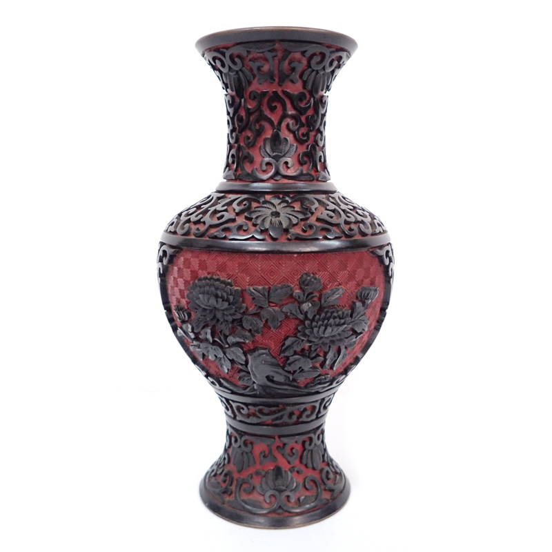 6MP 中国美術 堆朱 堆黒 花瓶 高さ約23㎝ 中国古玩 細密 細工
