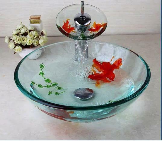 即決★ 浴室洗面台 強化ガラス ハンドペイントビクトリーシンクベッセルシンク 金魚柄洗面器