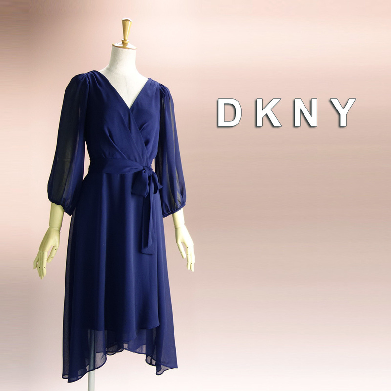 新品 DKNY 12/17号 ダナキャラン 紺 シフォン ワンピース パーティドレス 長袖 大きいサイズ 結婚式 二次会 フォーマル お呼ばれ 凛45K2817