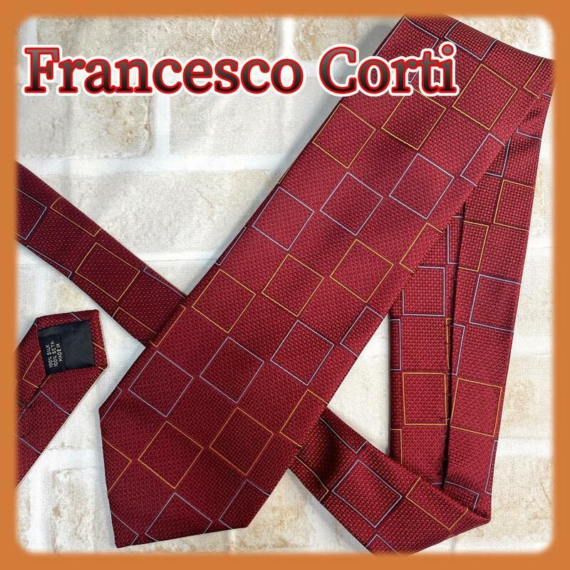 【美品■特価■現品】【良品】Francesco Corti ネクタイ 赤　幾何学柄　絹100%