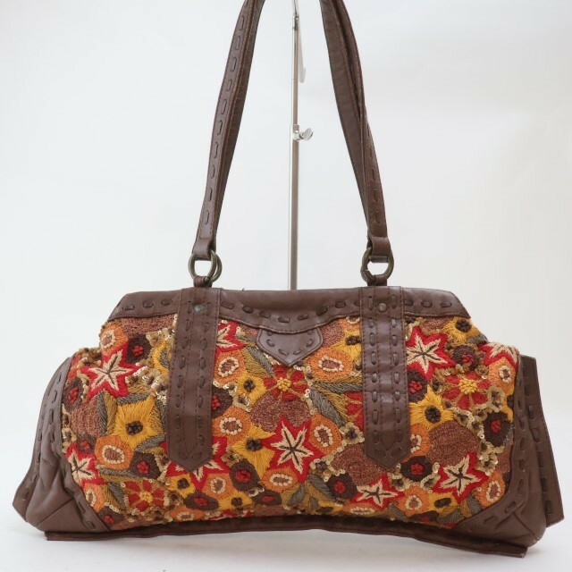 2402-60 ジャマンピュエッシュ ハンドバッグ JAMIN PUECH リネン×レザー製 ブラウン 刺繍 装飾