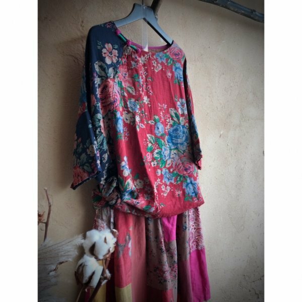 lgn 1680 チュニック トップス 襤褸 アンティーク風 洋服ミックス ロマンファッション ポップ 楽ちん 花柄 2色縫い合わせ 綿100％