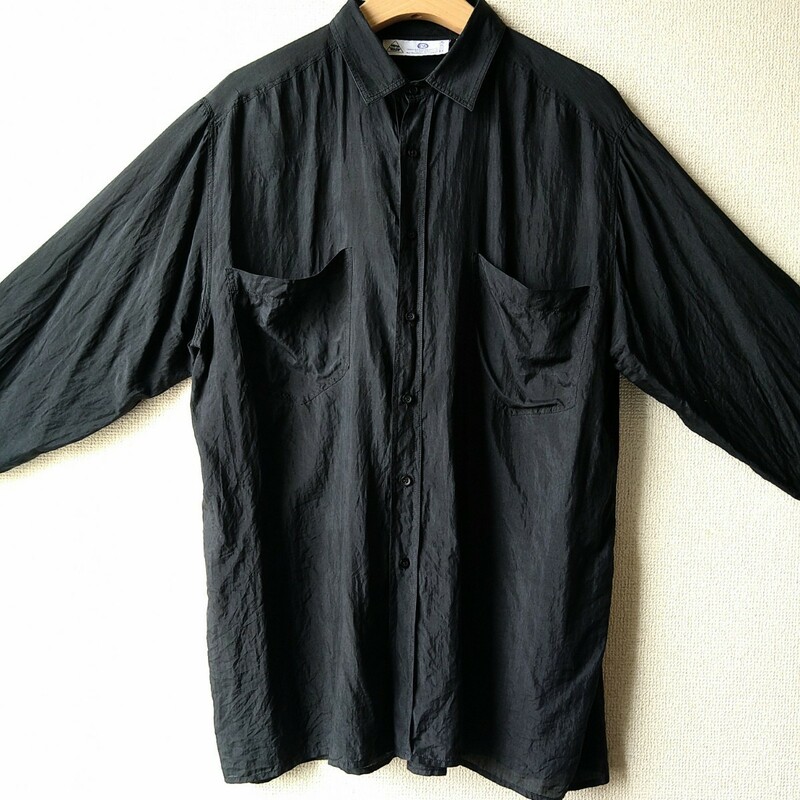 80s ヴィンテージ NEW FAST by C&A ブラック 黒 シルク ボックスシャツ ユーロ古着 ベルギー インバーテッドプリーツ 胸ポケット