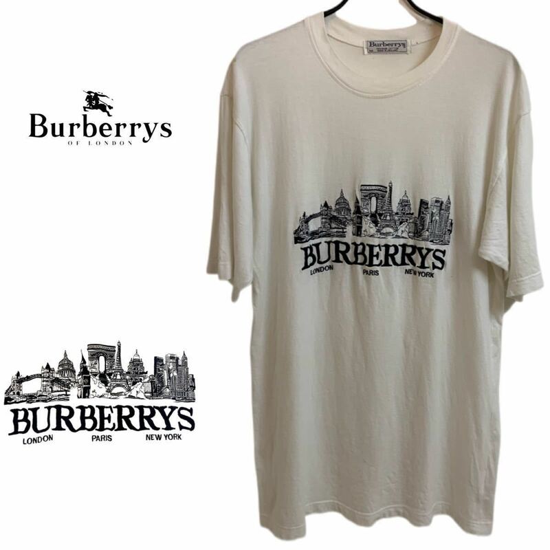 BURBERRYS VINTAGE バーバリー ヴィンテージ 80s MADE IN ENGLAND イングランド製 ロゴ 都市 刺繍 Tシャツ ホワイト M コットン アーカイブ