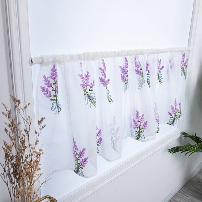 カフェカーテン 刺繍 ラベンダー かわいい 花柄 葉っぱ　幅100センチ＊丈50センチ　一枚　紫色　パープル　植物柄
