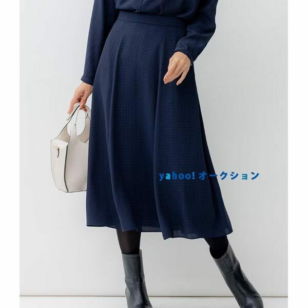 23区【洗える】バックサテンアムンゼン千鳥プリント スカート 紺40サイズ(L)新品