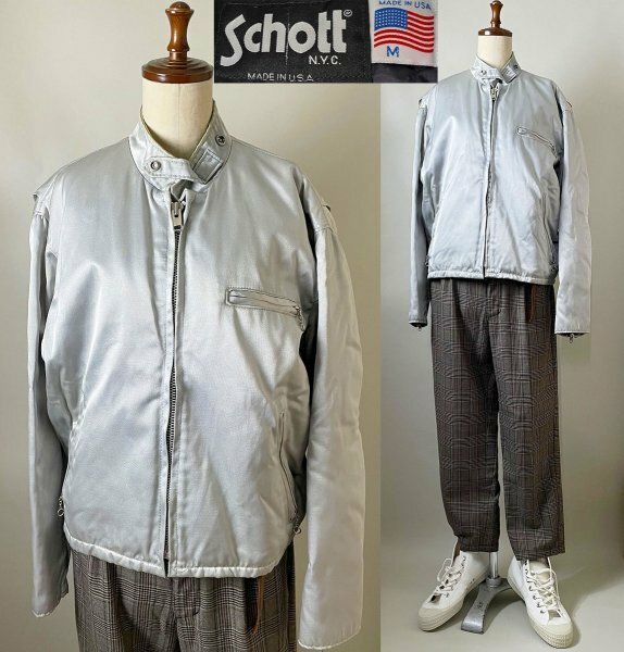 ★【希少 USA製モデル 名作】Schott ショット Lot. 991 シルバー ナイロン シングル ライダース ジャケット M 裏地 キルティング