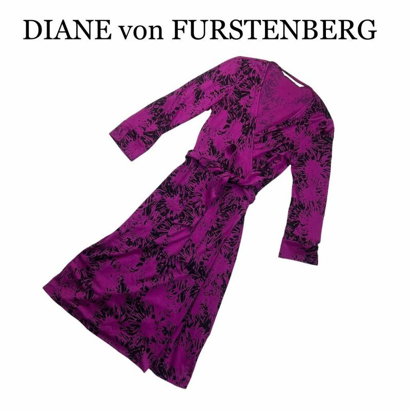 DIANE von FURSTENBERG ダイアンフォンファステンバーグ ラップ風ワンピース ひざ丈 七分袖 濃ピンク 総柄 サイズ2