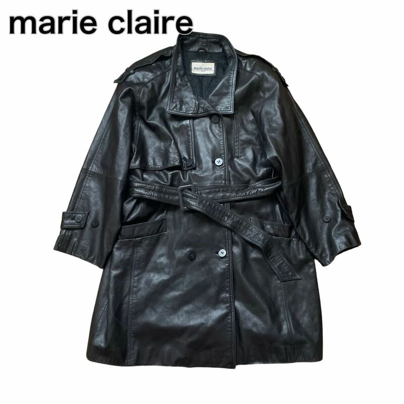 marie claire マリクレール 本革 ラムレザー 羊革 トレンチコート レザージャケット 黒ブラック F ベルト付き