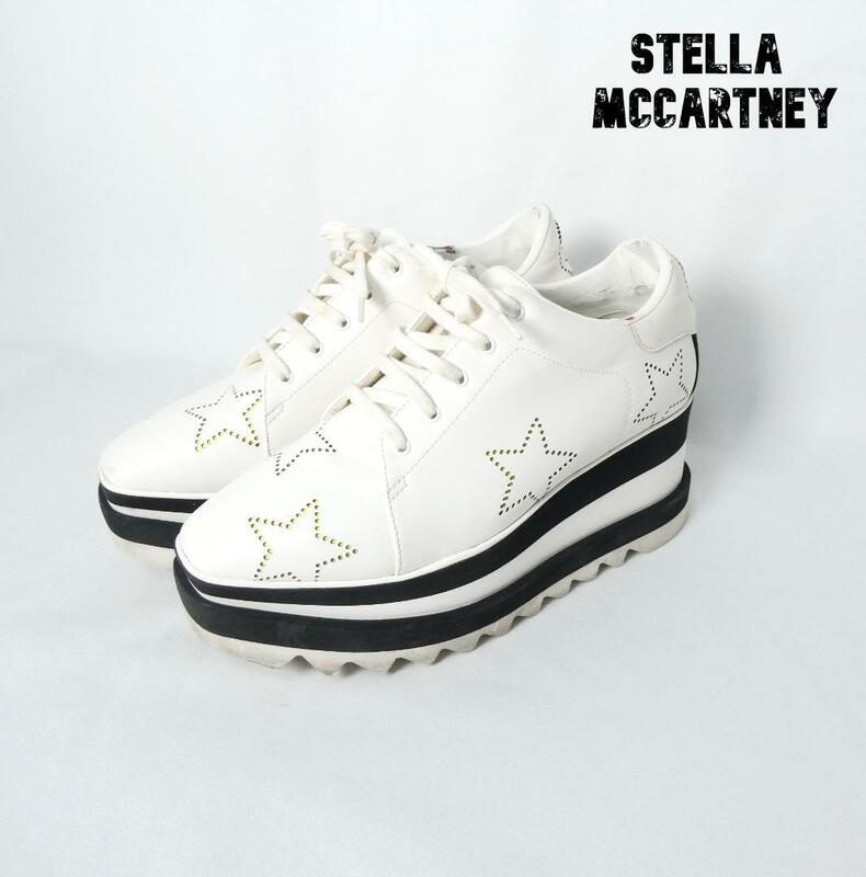 良品 綺麗 STELLA McCARTNEY ステラマッカートニー ELYSE エリス 38 約25㎝ レザー レースアップ 厚底 スニーカー 星 オフホワイト