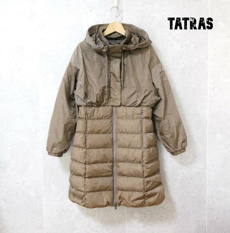 美品 TATRAS タトラス サイズ1 DAUGAVA ダウンジャケット ダウンコート フード 上下切り替え ロング丈 ジップアップ ブラウン 茶