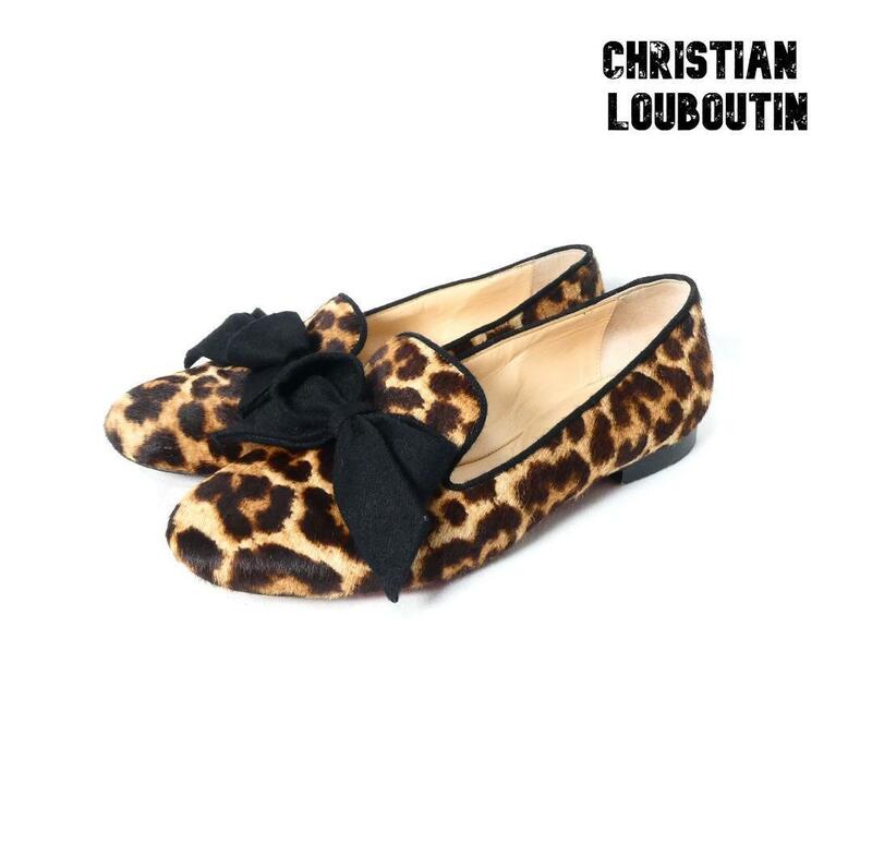 美品 Christian Louboutin クリスチャンルブタン サイズ36.5 約23.5㎝ ベージュ 茶 ラウンドトゥ フラット パンプス ヒョウ柄 ハラコ