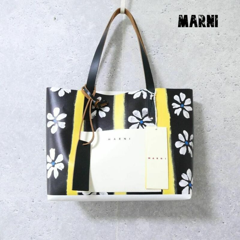 極美品 MARNI マルニ PVC レザー フローラルプリント トートバッグ ハンドバッグ ブラック×オフホワイト