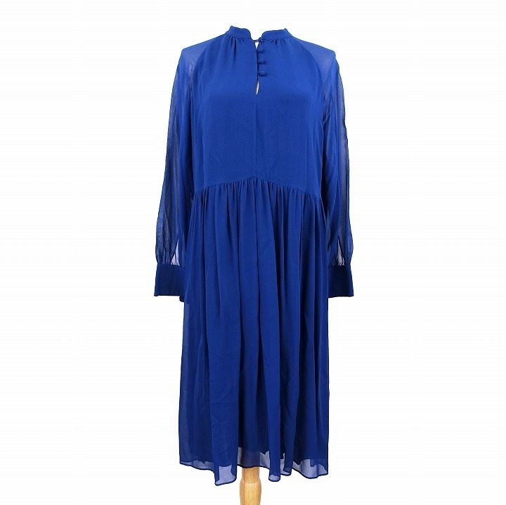 マックスマーラ ステュディオ Max Mara Studio シルク 100% ワンピース ドレス ハーフ 長袖 バンドカラー 40 青 ブルー a160