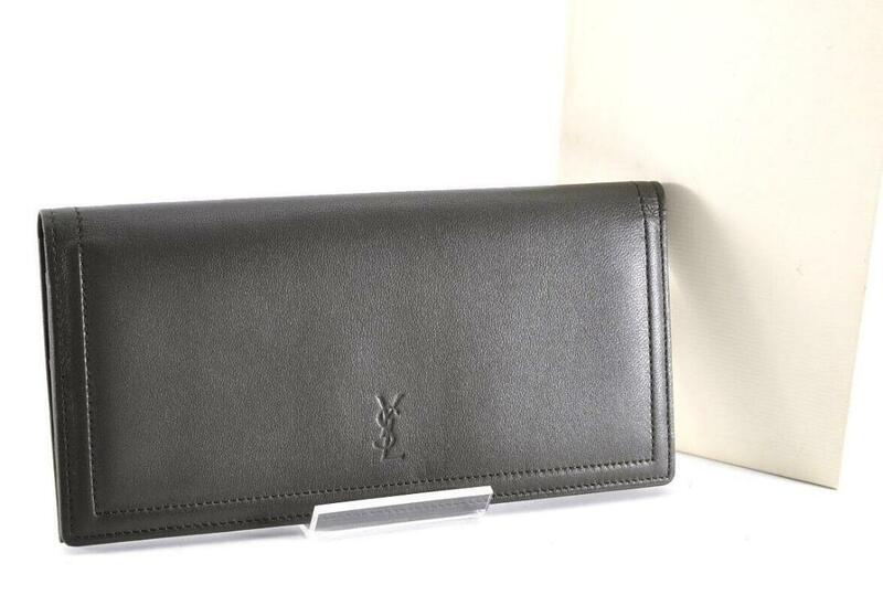 Yves Saint Laurent イブサンローラン YSL 長財布 ロングウォレット レザー 革 グレー 灰色 無地 柄なし ロゴ型押し ジップ 箱付き C1492