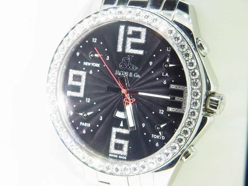JACOB＆CO FIVE TIME ZONE 47mm 腕時計 ジェイコブ ファイブタイムゾーン ダイヤモンド diamond Quartz 稼働品 電池交換済み