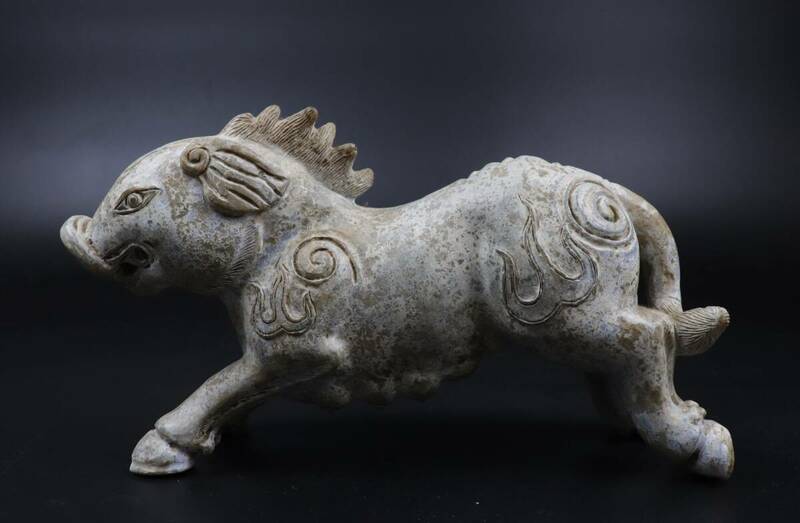 【T371】中国美術 古玩 古砡 幻獣置物 猪 砡 白砡