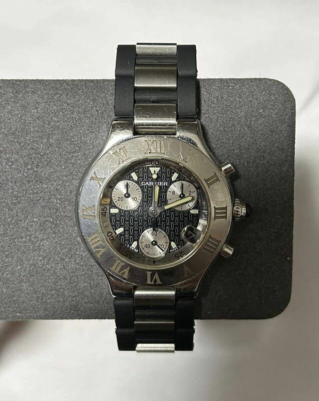 カルティエ CARTIER マスト21 クロノスカフ　W10125U2 SS×ラバー メンズ腕時計 純正品 黒文字盤 クォーツ QZ クロノグラフ デイト