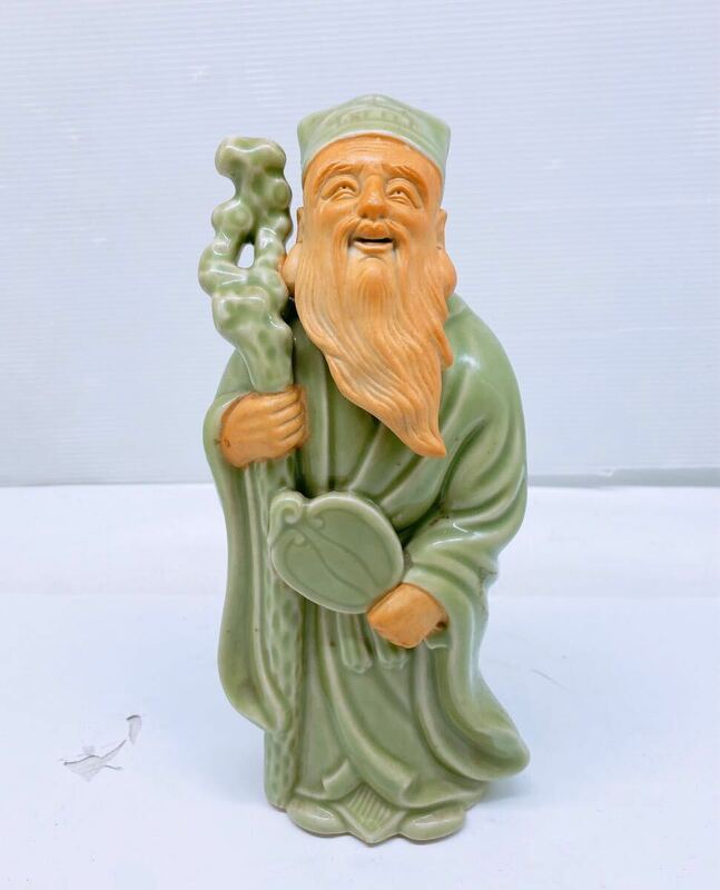 寿山 縁起物 七福神 寿老人 高さ約25cm 重さ約0.9kg 置物 商売繁盛 仏像 陶器 陶器人形 オブジェ コレクション アンティーク