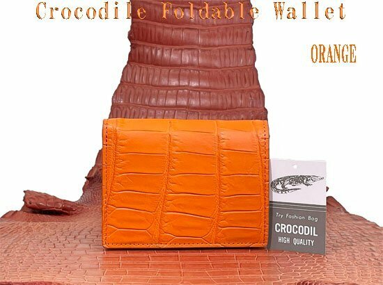 格安 ～ クロコダイル コンパクト 折財布 オレンジ / グレー 一枚革 実物画像 新品 美品 愛らしいデザインとコンパクトな折財布