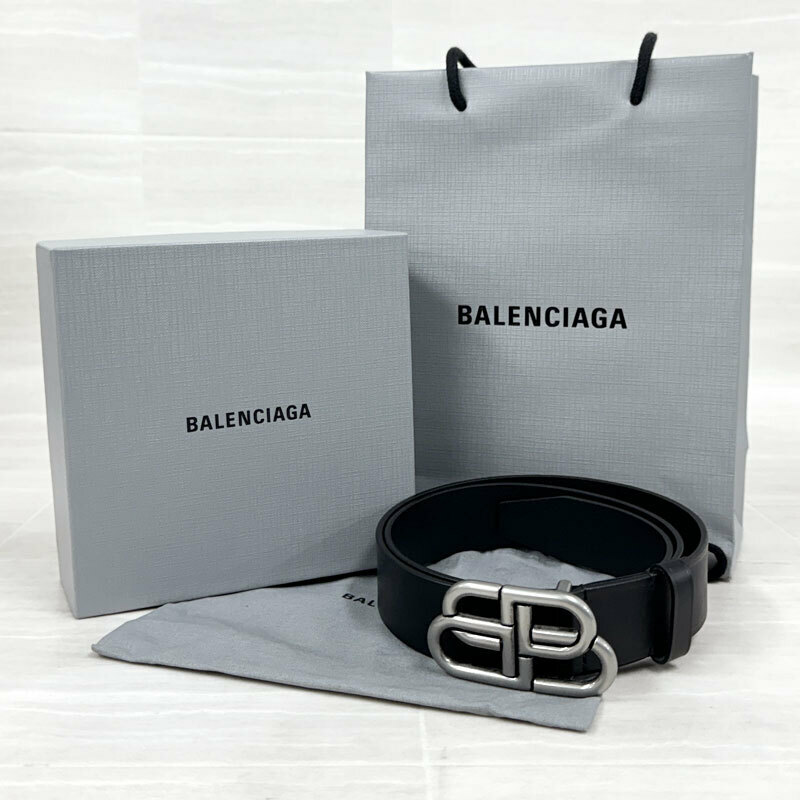 【HA946】試着のみ　BALENCIAGA バレンシアガ　ウエスト ベルト メンズ 95cm　BBバックル シルバー×ブラック　レザー　570370　イタリア製