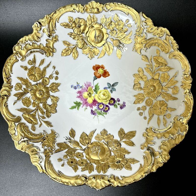 即日発送 超レア 高級品 マイセン ゴールドレリーフ ゴールドリム キャビネットプレート ロココ 陶器 美品 皿 19世紀 20世紀 大皿 約30cm