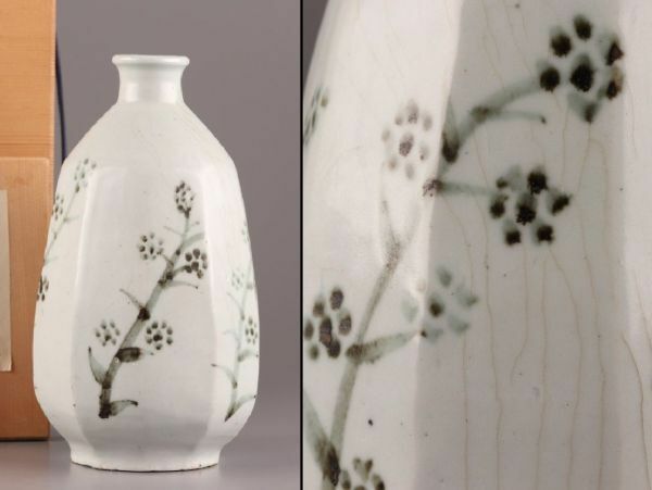 古美術 朝鮮古陶磁器 李朝 白磁 染付 面取 花瓶 時代物 極上品 初だし品 C5331