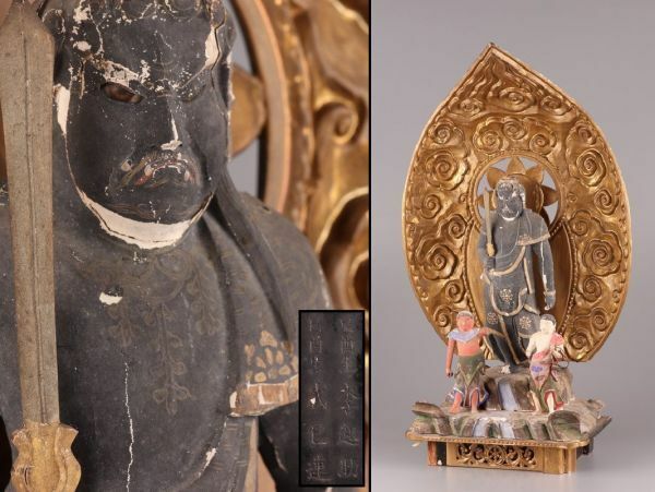 古美術 仏教美術 時代木彫 玉眼 時代彩色木彫 不動明王 三尊仏 仏像 高さ68.7cm 時代物 極上品 初だし品 C5322