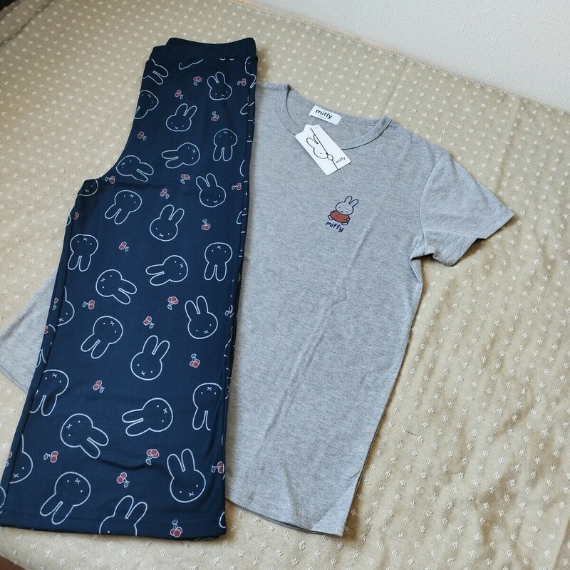 未使用 ミッフィー うさぎ ルームウエア ワンマイルウエア L パジャマ 半袖 Tシャツ ワイドパンツ セット 紺gray●size違い有●送料無料