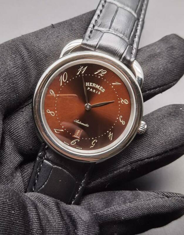 中古 エルメス HERMES アルソー AR7.710 デイト ステンレス SS ブラウン文字盤 自動巻き メンズ 腕時計