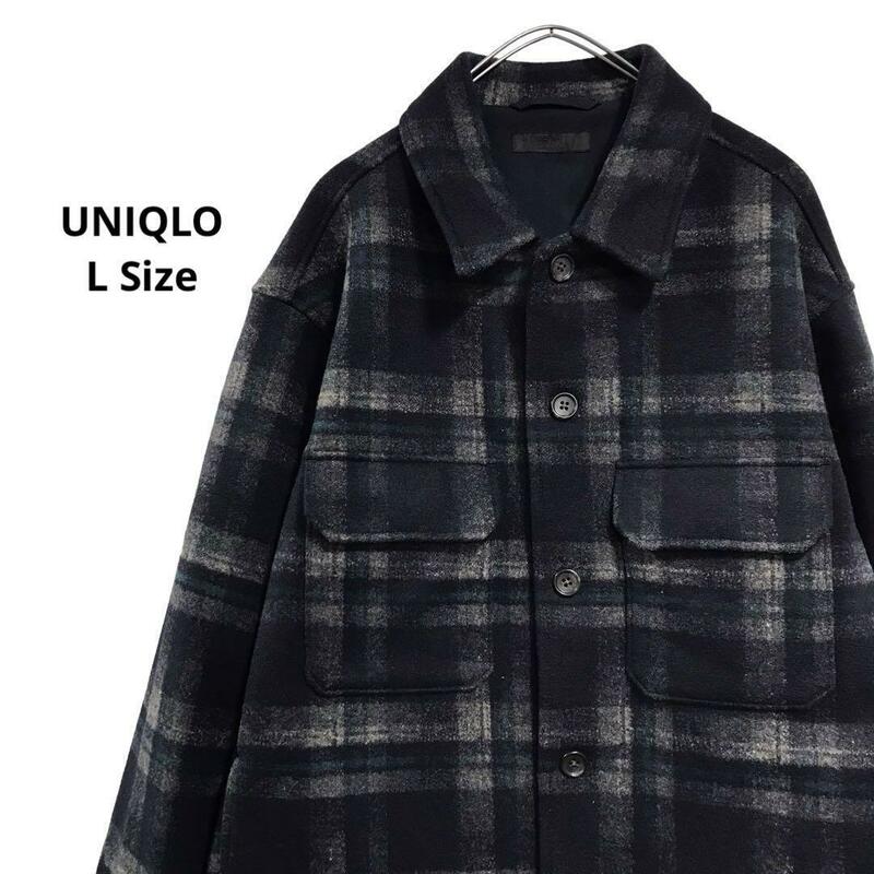 UNIQLO チェック柄シャツジャケット　紺　秋冬　メンズL a31