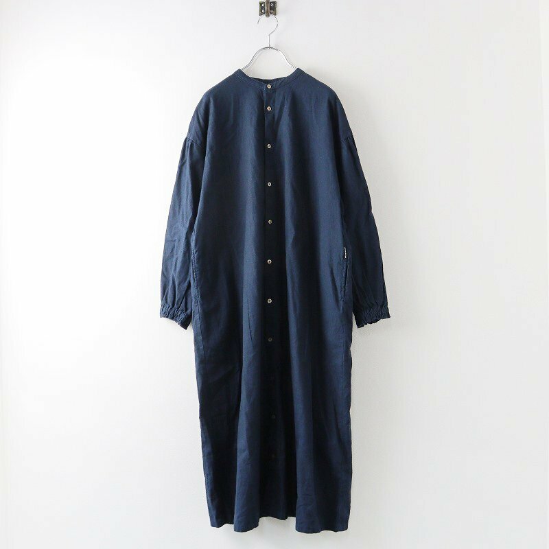 美品 2023AW nest Robe ネストローブ UpcycleLino 起毛 ギャザースリーブワンピース F/ネイビー シャツ リネン コットン 【2400013800525】