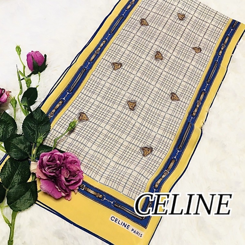●美品 CELINE セリーヌ/ ツイリー スカーフ長方形 / 黄色 水色 マルチカラーホース柄/ サイズ29×116cm