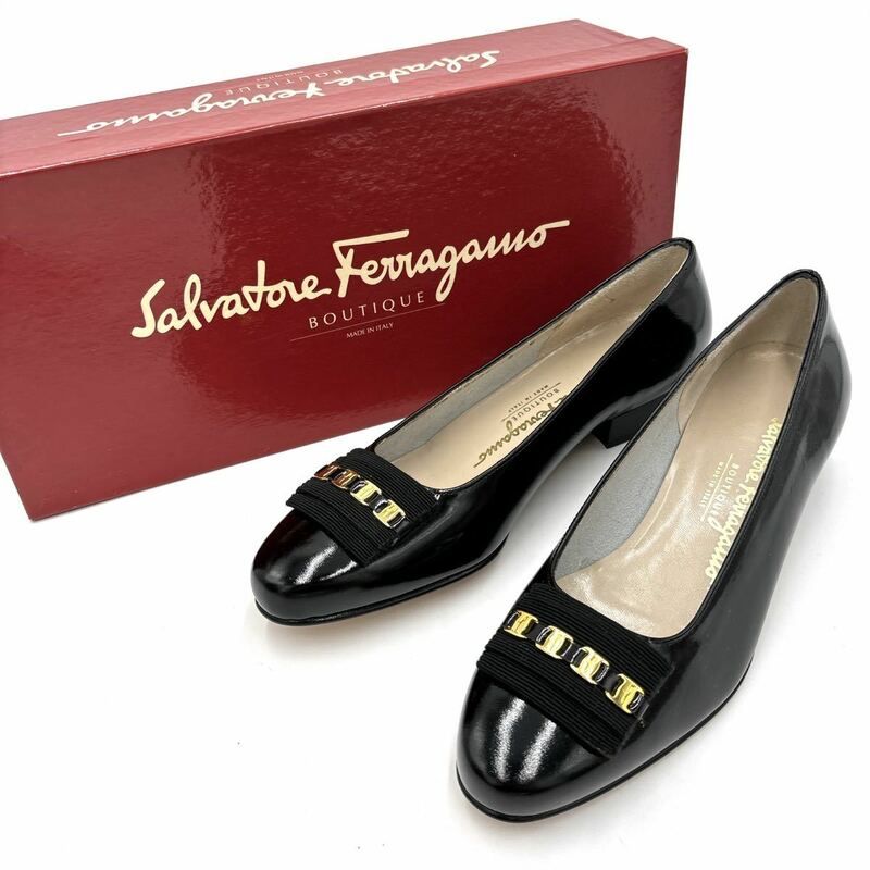 ＊ 美品 箱付き イタリア製 '高級婦人靴' Salvatore Ferragamo サルヴァトーレフェラガモ 本革 ヴァラリボン ヒール / パンプス 5C 22cm