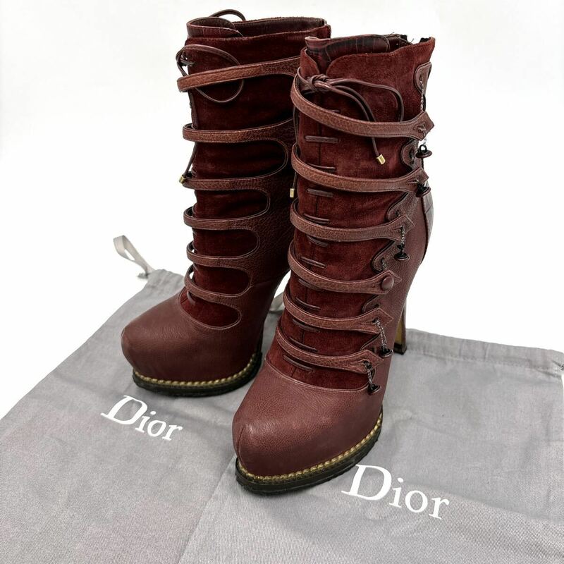 D ＊ 保存袋付き イタリア製 '高級婦人靴' Dior ディオール 本革 クロコ型押し ミドル ヒール ブーツ 革靴 ブーティー 35.5D 22~22.5cm