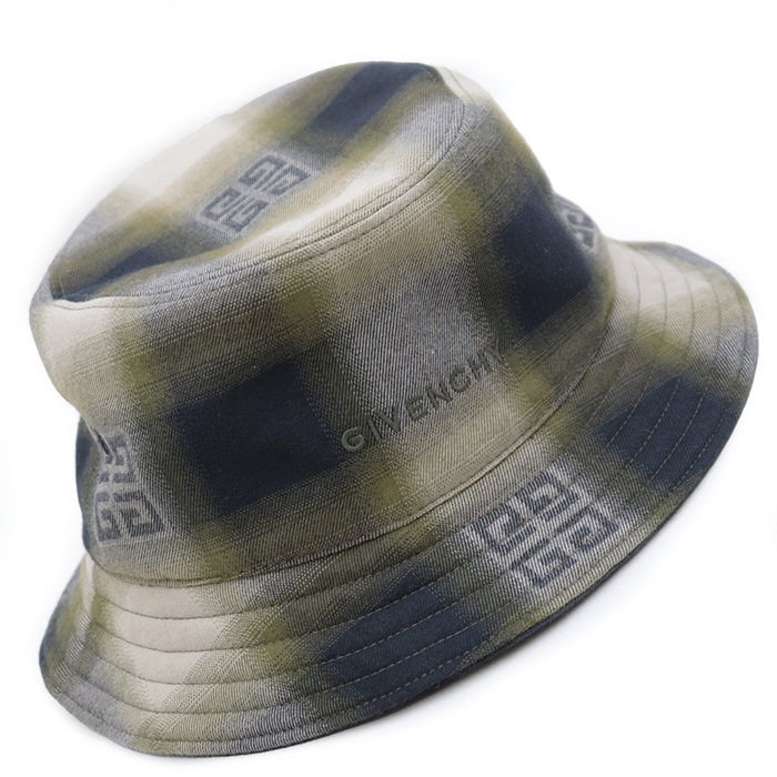 【美品】 ジバンシィ リバーシブルバケットハット 4Gロゴ オンブレチェック 帽子 ユニセックス グレー オリーブ カーキ GIVENCHY