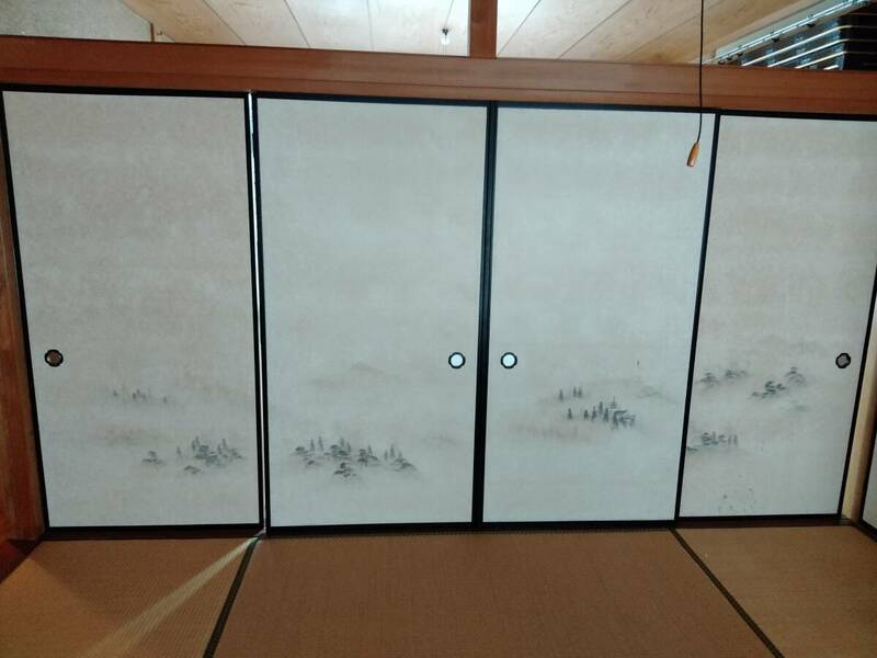 レトロ　ふすま　襖　障子　水墨山水画　4枚セット　アンティーク家具　民芸家具　ビンテージ家具　和室　古民家　現地引取