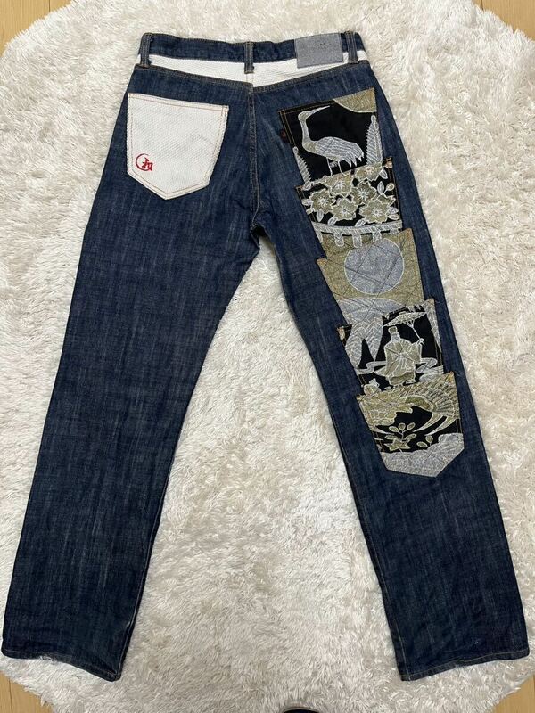 日本製 JUVENILE DELINQUENT W32 和柄 刺繍 着物 ポケット ストレート デニム パンツ / ジュベナイル デリンクエント