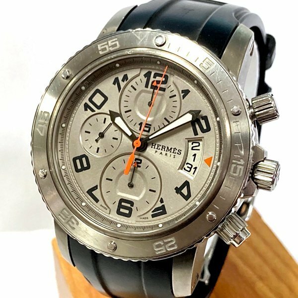 TS HERMES/エルメス メンズ腕時計 クリッパークロノメカニカルダイバー CP2.941 グレー文字盤 裏スケ ラバーベルト