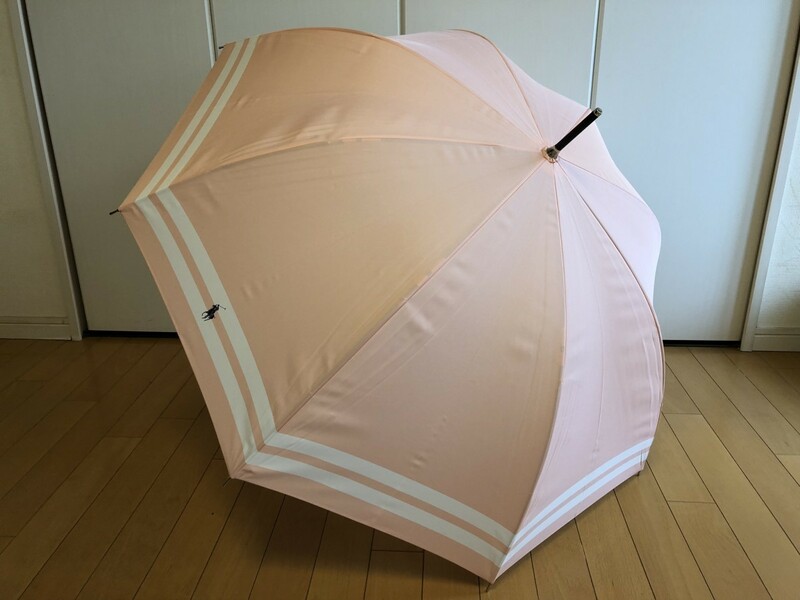 ☆美品☆ラルフローレン/可愛い長傘雨傘ジャンプ傘/木製手元./ロゴサーモンピンク