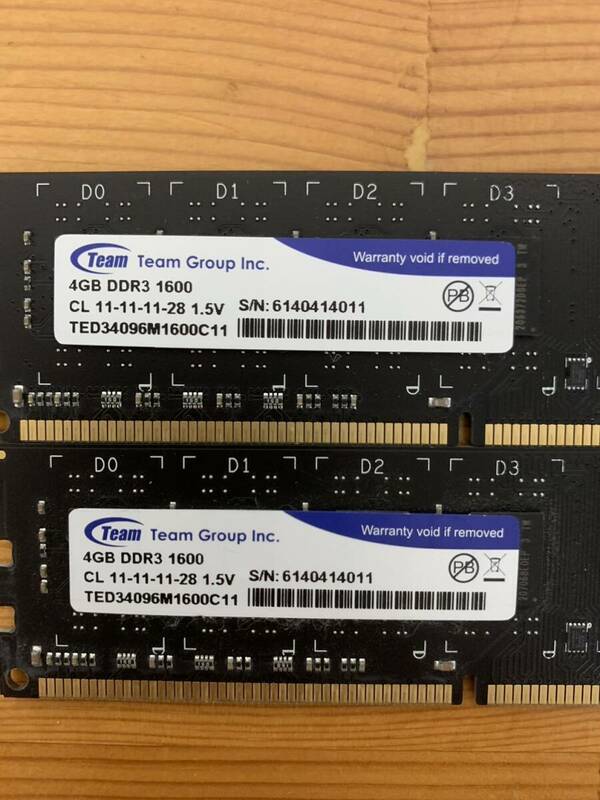 【中古動作品】デスクトップ用メモリ Team DDR3 1600 4GB 2枚組 (計8GB) TED34096M1600C11　同ロット