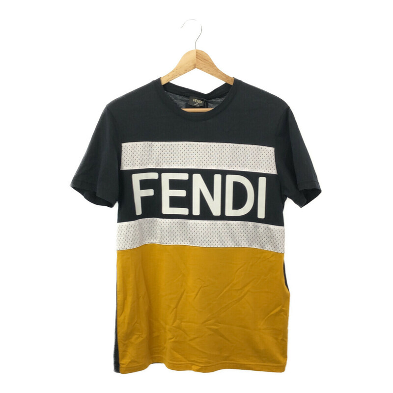 タグ付 FENDI フェンディ FY0894 ABR9 F1AYU Tシャツ カットソー Sサイズ ロゴプリント メッシュ切替 ブラック/イエロー