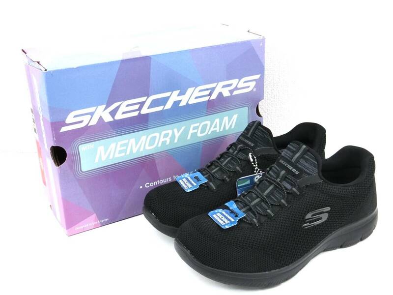 【訳あり未使用】SKECHERS SUMMITS ◆ワイドフィット◆ 軽量 メッシュスリッポンスニーカー 左23cm 右23.5cm 3E(幅広) ブラック【1231】 