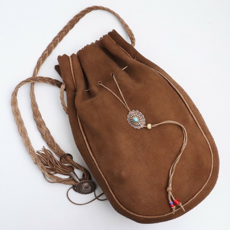 GORO'S カスタム 巾着バッグS 焦げ茶 金縄ターコイズ付きフラワーコンチョ フリンジコーン ゴローズ バッグ 鞄 カバン