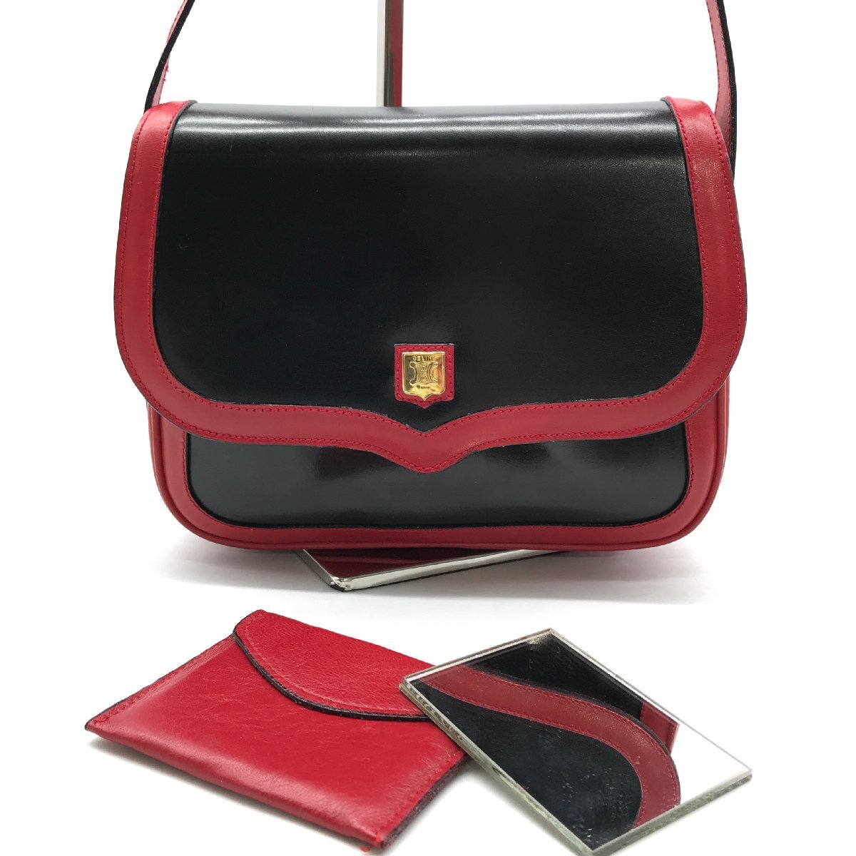 良品 CELINE セリーヌ マカダム バイカラー レザー ヴィンテージ ショルダー バッグ ブラック レッド a2854