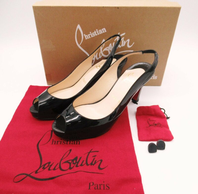 クリスチャンルブタン Christian Louboutin エナメル オープントゥ バックスリング パンプス ブラック 黒 36.5(約23-23.5cm)★N0330067